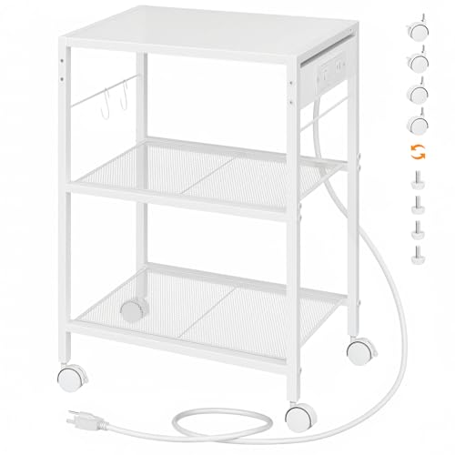 HOOBRO Industrial Printer Stand, 3-Tier Mobile Printer Table, Rolling Cart with Power Outlets and USB Ports, Home Printer Stand with 2 Hooks, for Office, Living Room, White WW22UPS01