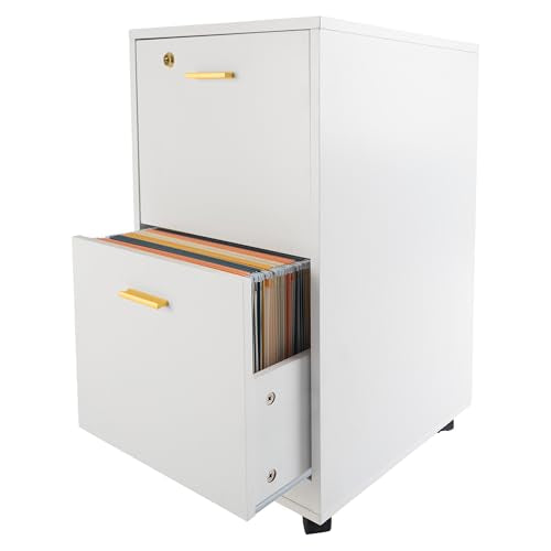 Lavish Home 2 Drawer File Cabinet - Filing Cabinet with Lock - Rolling File Cabinet for Under Desk Storage - Wood Filing Cabinet for Home or Office Organization (White)