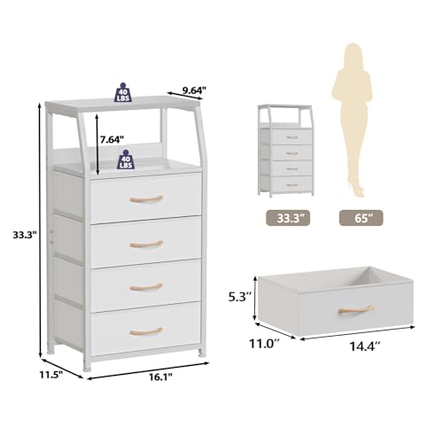 Furnulem Tall 4 Drawers Dresser, Vertical Storage Tower for Bedroom, Hallway, Entryway, Nursery, Closet Organizer, Nightstand Bedside Table Furniture, Sturdy Steel Frame, Wood Top, White