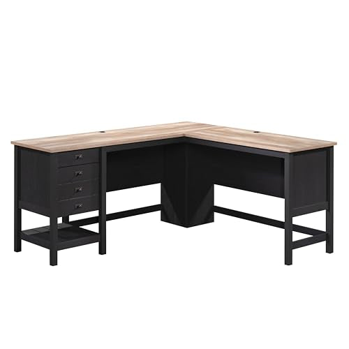 Sauder Cottage Road L Shaped Desk Computer Desk with Drawers, Home Office Desk with Optional File Cabinet Storage, Cable Management, in Raven Oak Finish