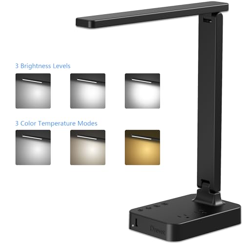 Drevet LED Desk Lamp for College Dorm Room, Desk Light with 1 USB Charging Port 2 AC Power Outlet, 3 Lighting Modes, 3 Level Brightness Touch Lamp, Eye-Caring Home Office Foldable Table Lamp