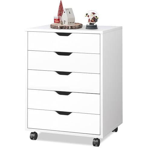 DEVAISE 5-Drawer Filing Cabinet Under Desk, Wood Storage file Cabinet with Wheels, White