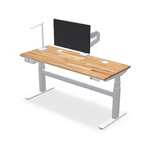 UPLIFT DESK - V2 Rubberwood Butcher Block (48 x 24 inch) 1.5" Desktop Standing Desk, Height Adjustable Commercial Frame (Gray), Advanced Keypad, Wire Grommets, Wire Tray, Rocker Board