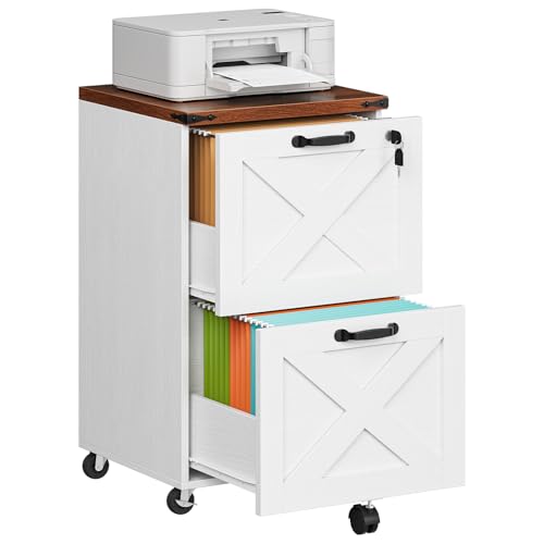 HOOBRO 2 Drawer File Cabinet with Lock, Under Desk Mobile Filing Cabinet for Home Office, Wooden Farmhouse Office Storage Cabinet, Printer Stand Fits Letter and A4 Size, Walnut and White WH66WJ01