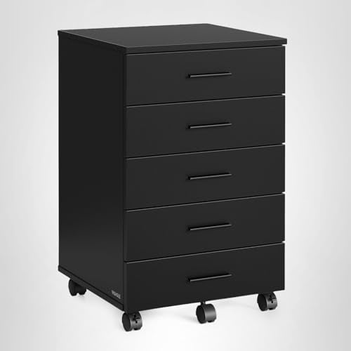 VASAGLE Custos Collection - File Cabinet, Mobile Pedestal Filing Cabinet with Wheels, Printer Stand with 5 Drawers, Tool-Free Sliding Rails, for Study, Home Office, Ink Black UOFC081BC01S
