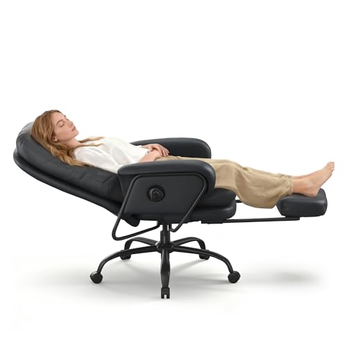 FLEXISPOT Multi-Task Ergonomic Office Chair with Footrest Computer Desk Chairs Indoor Lounge Chair with 90-165° 4-Level Reclining, Chairs for Working Relaxing Sleeping, PU Leather+Iron Base, Black