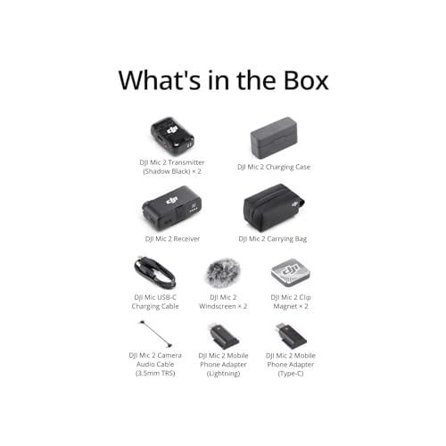 DJI Mic 2 (2 TX + 1 RX + Charging Case), All-in-one Wireless Microphone, Intelligent Noise Cancelling, 32-bit Float Internal Recording, 250m (820 ft.) Range, Microphone for iPhone, Android, Camera