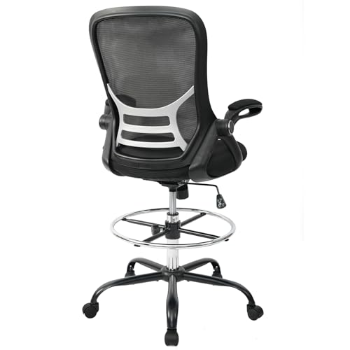 HYLONE Drafting Chair Tall Office Chair High-Back Mesh Standing Desk Stool with Adjustable Footrest Ring and Flip-Up Arms Black