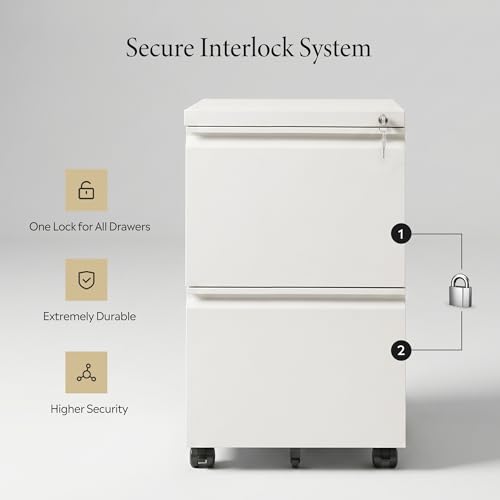 DEVAISE 2 Drawer Mobile File Cabinet with Lock, Commercial Vertical Metal Filing Cabinet for Home Office, Fully Assembled Except Casters, White