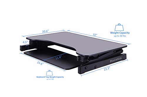 Rocelco 32" Height Adjustable Standing Desk Converter - Slide Out Retractable Keyboard Tray - Sit Stand Up Double Monitor Riser - Dual Piston Lift Assist Tabletop Computer Workstation - Black (R ADRB)