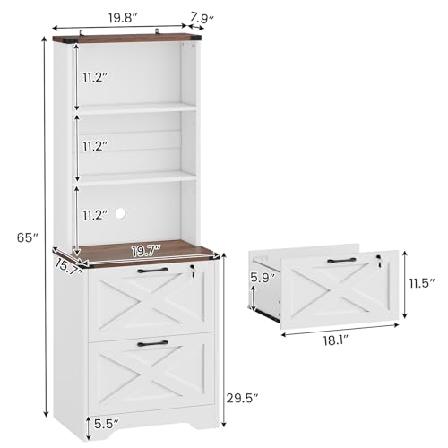 SEDETA 2 Drawer File Cabinet with Lock, Wood Filing Cabinet fits Letter, Legal, A4 Size, Hanging File Folders, Farmhouse File Cabinets for Home Office with Adjustable Storage Shelf, White
