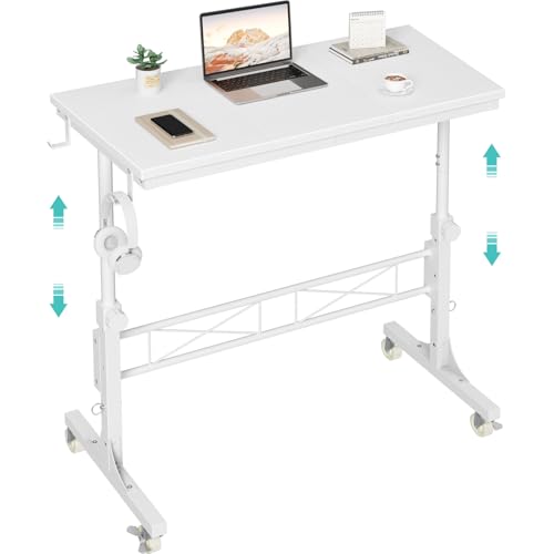 WINAZ Small Portable Treadmill Walking Pad Desk on Wheels, 32 Inch White Adjustable Height Mobile Rolling Standing Teacher Desks, Couch Sofa Side Laptop Stand Up Table for Bedroom, White