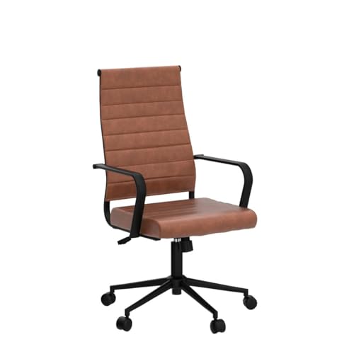 Okeysen Leather Office Desk Chair, Mid-Century Modern Leather Conference Room Chairs, Ergonomic Executive Ribbed Height Adjustable Swivel Rolling Chair for Home Office.
