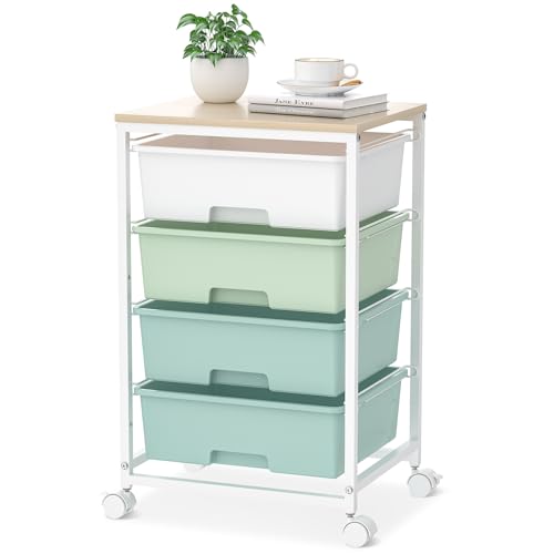 SYKIARIOL Utility Cart with 4 Drawers,Rolling Storage Cart with Drawers,Storage Rolling Drawer Cart with Wooden Tabletop for Bedroom,Kid's Room,Dorm,Classroom,Office,Green