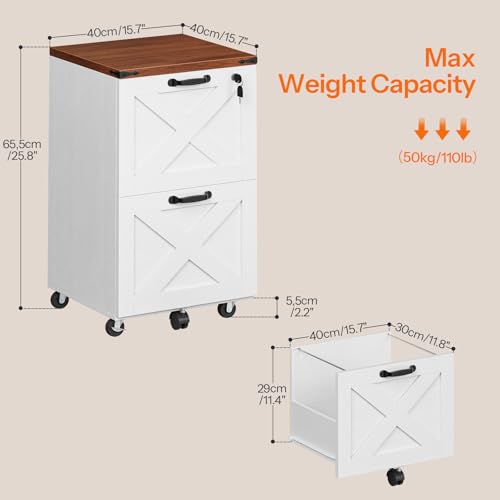 HOOBRO 2 Drawer File Cabinet with Lock, Under Desk Mobile Filing Cabinet for Home Office, Wooden Farmhouse Office Storage Cabinet, Printer Stand Fits Letter and A4 Size, Walnut and White WH66WJ01