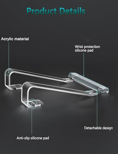 JCZT Clear Acrylic Laptop Stand for Desk, with Wrist Rest, Ergonomic Detachable Mount Compatible with 10-17'' All Laptops Such as MacBook Air Pro/HP/Dell/Lenovo