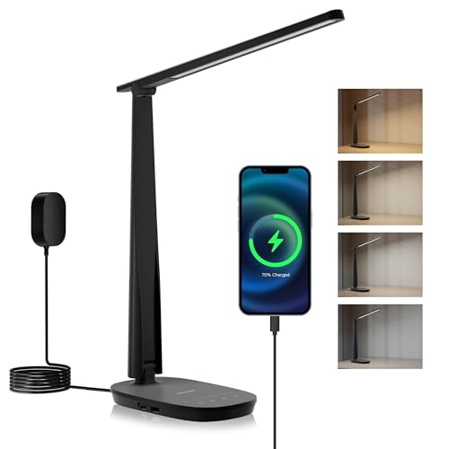 Honeywell HWT-H2 LED Desk Lamp, CRI94 Full Spectrum Eye-Caring Table Light, Foldable Dimmable 4 Color Modes with USB A+C Charging Ports for Home Office Bedroom Reading Study Work (Black)