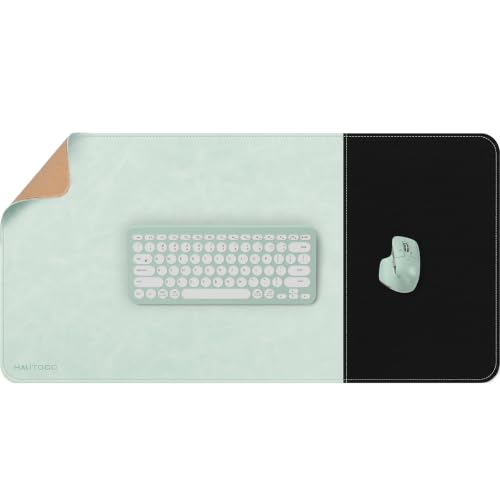 HAUTOCO Cork Desk Mat 31.5"x15.7", Distressed PU Leather & Smooth Cloth Mouse Pad, Non-Slip Large Gaming Desk Pad with Stitching Edges for Office Home, Mint Green