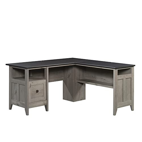 Sauder August Hill L-Shaped Home Office Desk, Farmhouse Corner Desk with File Drawer, Cable Management, Mystic Oak Finish