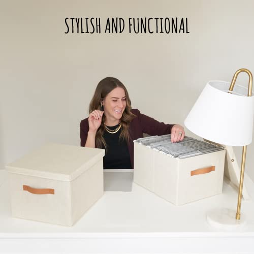 Decorative File Organizer Box Set of 2 - Collapsible Linen Filing Cabinets with Handles Are Perfect to Store All Your Documents & Hanging File Folders - Portable Easy Slide Office Crates with Lid