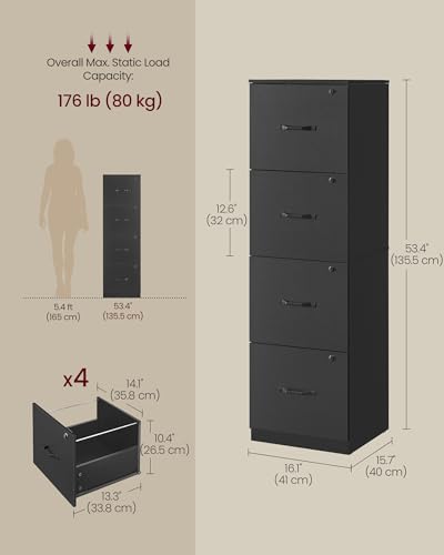 VASAGLE Custos Collection 4-Drawer Vertical File Cabinet for Home Office, Printer Stand, with 4 Lockable Drawers, Adjustable Hanging Rail, for A4 and Letter-Size Files, Ink Black UOFC082B02