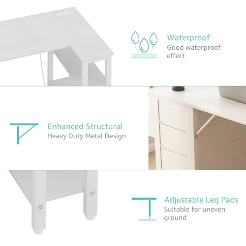 Lufeiya White L Shaped Computer Desk with Drawers & Storage Shelves, 47 Inch Corner Reversible Desk with Power Outlet for Home Office Bedroom, L-Shaped Teen PC Desks with Fabric Drawer, White