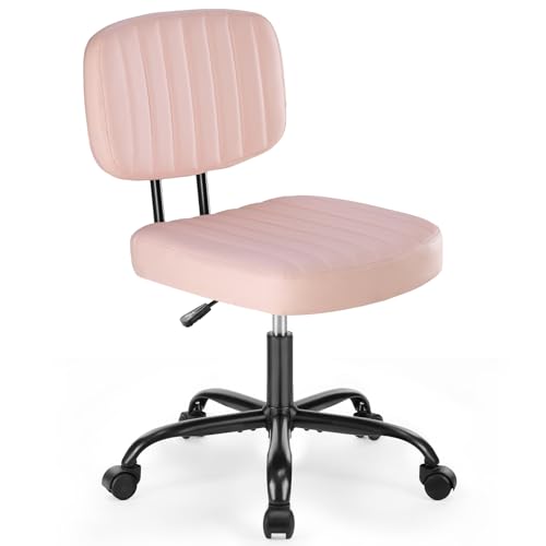 DUMOS Armless Home Office Executive Chair - Small Desk Chair with Low Back Lumbar Support, Height Adjustable PU Leather Computer Task Chair with 360° Swivel Wheels, for Adults, Pink