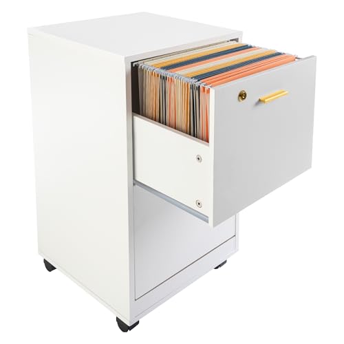 Lavish Home 2 Drawer File Cabinet - Filing Cabinet with Lock - Rolling File Cabinet for Under Desk Storage - Wood Filing Cabinet for Home or Office Organization (White)