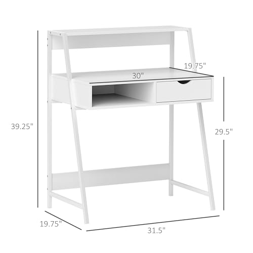 HOMCOM Home Office Desk, Computer Desk with A Frame for Small Spaces, Writing Table with Drawer and Storage Shelves, White