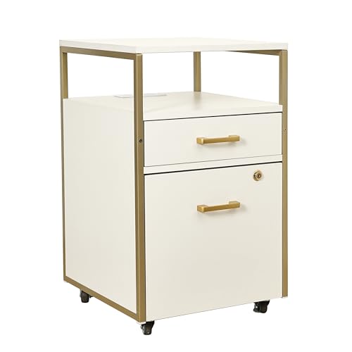 Modern 2-Drawer Rolling File Cabinet with Lock, 2 USB Ports and Power Outlet for Device Charging, Portable File Organizer or Printer Stand for Office or Home with Locking Wheels, White & Gold