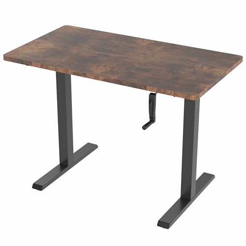 VIVO Manual Height Adjustable 43 x 24 inch Stand Up Desk, Rustic Vintage Brown Solid One-Piece Table Top, Black Frame, Standing Workstation with Foldable Handle, DESK-KIT-MB4N