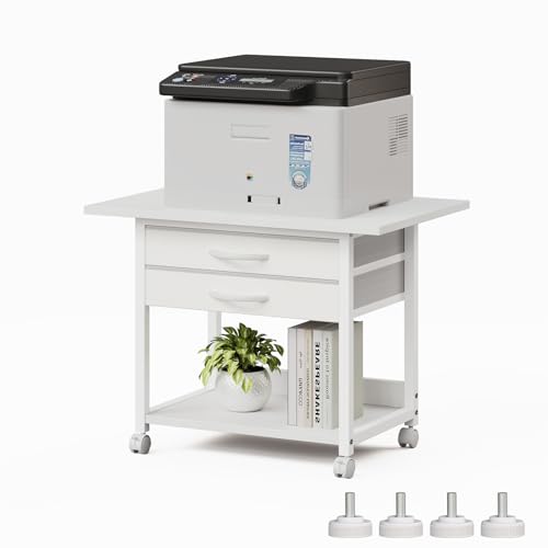 VENNQD Large Printer Stand with Storage Fabric Drawer Under Desk Printer Table with Wheels for Home Office, Printer Cart fit Fax Machine Scanner 23.4"x15.7" (White, 2 Tiers)