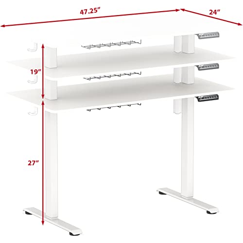 SHW 48-Inch Electric Height Adjustable Sit to Stand Desk with Hanging Hooks and Cable Management, White Frame and White Top