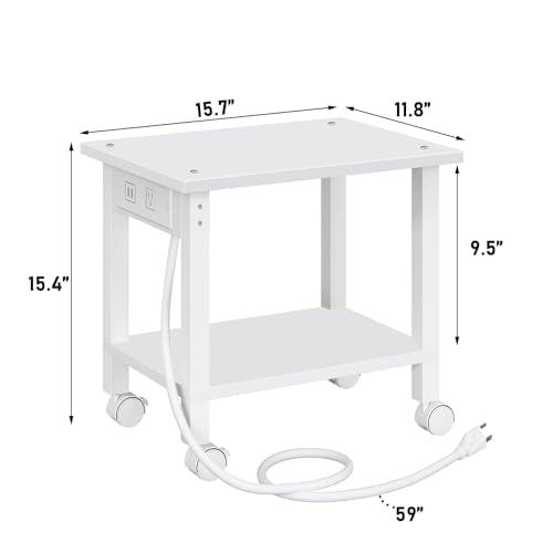 TUTOTAK 2 Tier Printer Stand, Rolling Printer Cart with Power Outlets and USB Ports, Mobile Printer Table with Wheels, for Under Desk, Office, Home, White PS01BW001