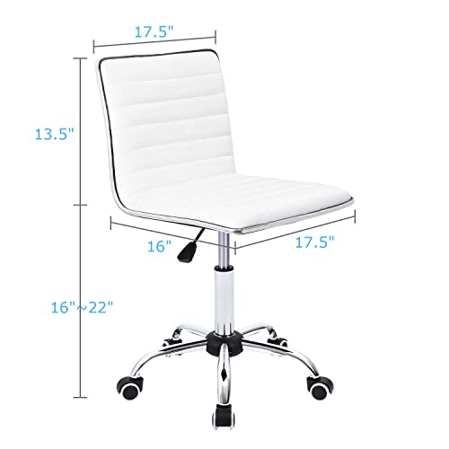 Furmax Vanity Office Desk Chair with Wheels, Armless Small Cute Leather Makeup Computer Task Chair Adjustable Height 360° Swivel (White)