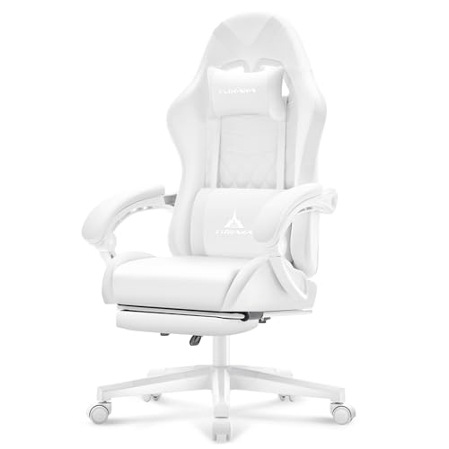 TUKAKA White Gaming Chair,Ergonomic Massage Computer Office Desk Chair with Footrest,Pocket Spring Cushion,Reclining Leather Adjustable Gamer Chair with Headrest and Lumbar Support,White