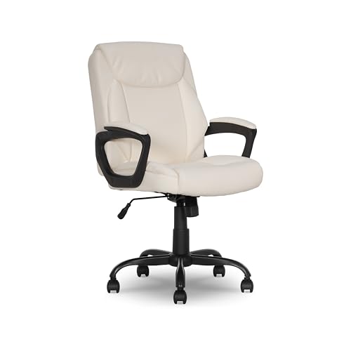 Amazon Basics Classic Puresoft PU Padded Mid-Back Office Chair with Armrest, Height Adjustable, Easy to Assemble, 26"D x 23.75"W x 42"H, Cream