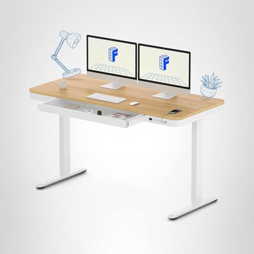 FLEXISPOT 55" Electric Standing Desk with Drawers, Quick Assembly Home Office Sit Stand Desk with Storage, USB Charging, Computer Desk for Home Office (Maple Top + White Adjustable Frame, Comhar)