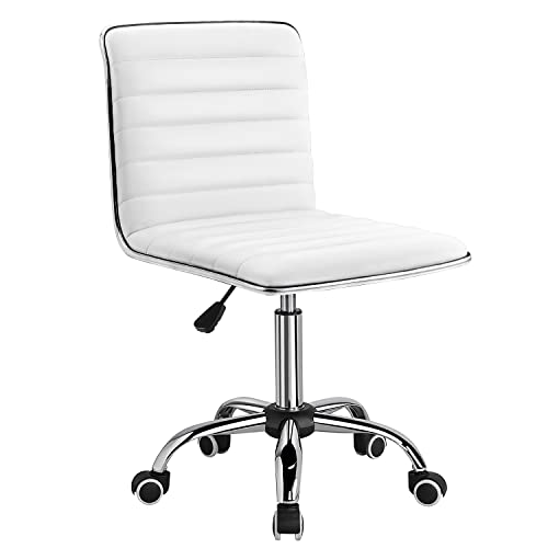 Furmax Vanity Office Desk Chair with Wheels, Armless Small Cute Leather Makeup Computer Task Chair Adjustable Height 360° Swivel (White)