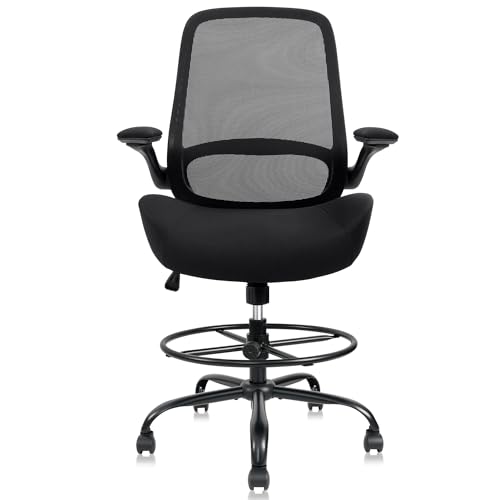 HYLONE 400lbs Big and Tall Heavy Duty Drafting Chair 5" Thickened Seat Tall Office Chair Flip-Up Armrests Ergonomic Chair with Lumbar Support and Adjustable Footrest Ring Standing Desk Chair (Black)