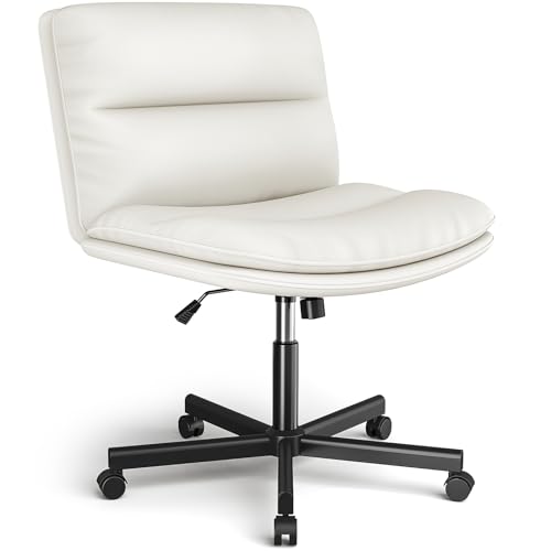 Rfiver Ergonomic Armless Criss Cross Chair with Height Adjustable and Swivel, Wide & Thickened Cushion Cross Legged Vanity Chair, Comfortable PU Leather Desk Chair for Computer Task and Make Up, White