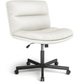 Rfiver Ergonomic Armless Criss Cross Chair with Height Adjustable and Swivel, Wide & Thickened Cushion Cross Legged Vanity Chair, Comfortable PU Leather Desk Chair for Computer Task and Make Up, White