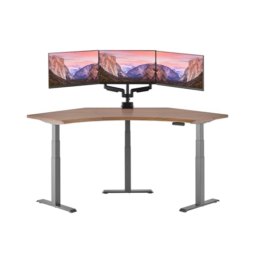 Vari Command Center Electric Standing Desk – 120° Curved Sit-Stand Gaming Desk Corner Workstation for Triple Monitors + Sloped Front Edge, 4 Height Settings, 200 lb Capacity (Walnut Top/Slate Legs)