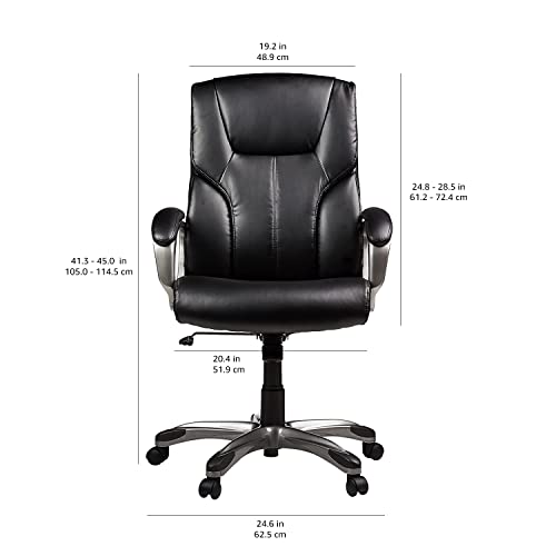 Amazon Basics Executive High Back Office Chair, Adjustable Height, Tilt, Swivel, Padded Seat, Bonded Leather, Wheels, Black/Silver