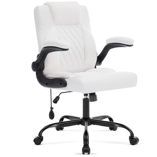 Office Chair with Adjustable Inflatable Lumbar Support,Leather Ergonomic Computer Desk Chair with Flip-up Arms,Adjustable Tilt Lock,Swivel Rolling Executive PC Chair for Work,Study,Meeting.White