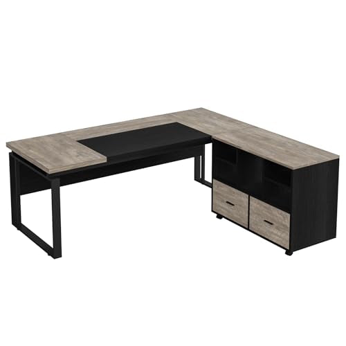 Tribesigns L-Shaped Executive Desk with Reversible File Cabinet, 63" Office Desk with Storage Drawers, L-Shaped Computer Desk with Drawer Cabinet for Hanging Letter Size Files (Gray & Black)