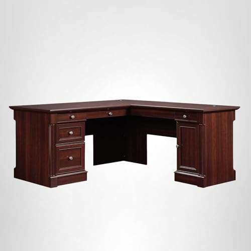 Sauder Palladia L Shaped Desk with Drawers, Office Desk with File Cabinet Storage, Cable Management, Keyboard Tray, in Select Cherry finish
