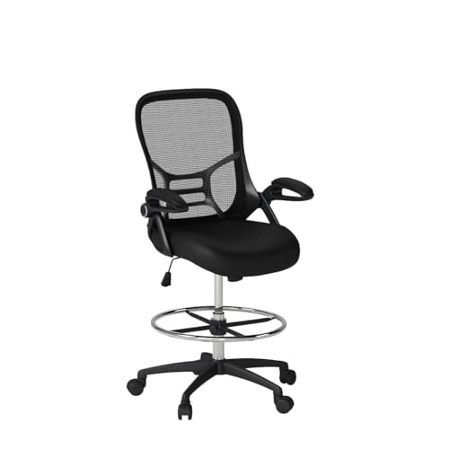 HYLONE Drafting Chair Tall Office Chair High-Back Mesh Standing Desk Stool with Adjustable Footrest Ring and Flip-Up Arms Black