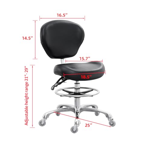 Grace&Grace Drafting Chair Adjustable Tall Shop Stool, Rolling Stool with Back Support for Studio, Classroom, Lab, Counter, Medical (Black)