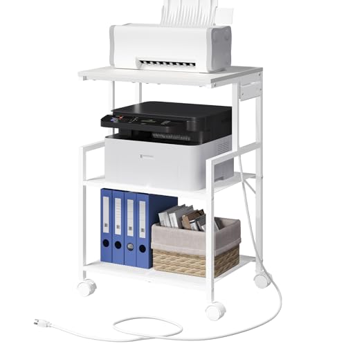 MAHANCRIS Mobile Printer Stand, 3-Tier Industrial Printer Cart with 2 AC Outlets and 2 USB Ports, Rolling Printer Table on Wheels for Home Offices Kitchen Organization Rack, White PTWT78E01